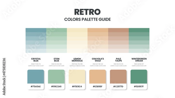 Fototapeta Retro color schemes. Color Trends combinations and palette guide. Example of table color shades in RGB and HEX. Color swatch for fashion, home, interiors design 2022. Colour chart idea vector.