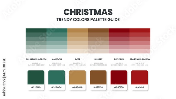 Fototapeta Christmast color schemes. Color Trend combination and palette guide. Example table color shades in RGB and HEX. Color swatch for fashion, home, interiors design 2022. Colour chart idea vector.