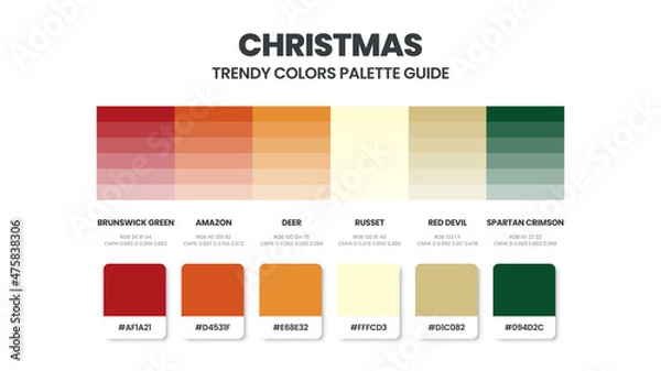 Fototapeta Christmast color schemes. Color Trend combination and palette guide. Example table color shades in RGB and HEX. Color swatch for fashion, home, interiors design 2022. Colour chart idea vector.