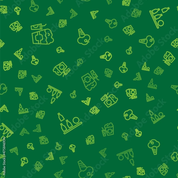 Fototapeta Set line Popcorn in box and glass, Bottles ball and Ice cream waffle cone on seamless pattern. Vector