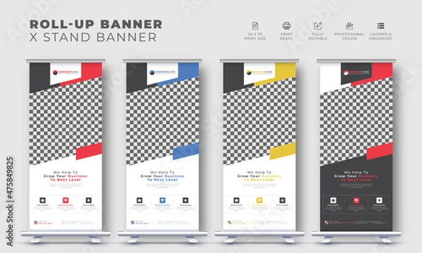 Fototapeta Corporate business modern roll up stand banner design, pull up vector creative x stand template with geometric shape