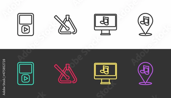 Fototapeta Set line Music player, Triangle musical instrument, Computer with note and Location on black and white. Vector