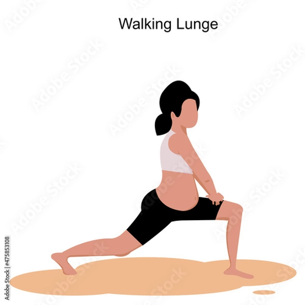 Fototapeta No face Pregnant woman yoga pose .Young woman Pregnant Walking Lunge Pose with text on white background.Vector isolate flat design concept for exercising prenatal better for mum and baby