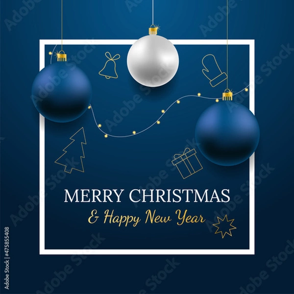 Fototapeta Merry Christmas and Happy New Year vector banner. Realistic rose gold and blue baubles, snowflakes hanging on dark blue background with realistic garland. Background with gold Christmas icon
