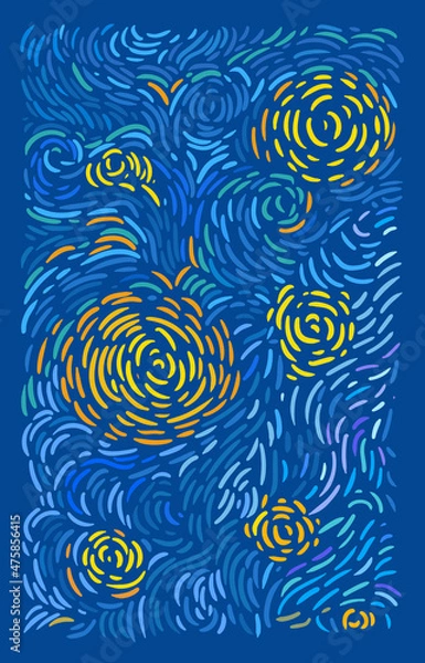 Fototapeta Glowing yellow stars and blue sky abstract background. Vector pattern in the style of impressionist paintings.