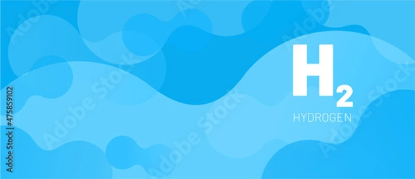 Fototapeta Abstract blue background for website banner in bright blue. Floating round elements and molecules with text H2 and Hydrogen. Template for website, mailing or print.