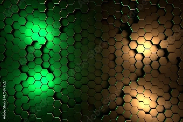 Obraz Honeycomb neon light 3D background abstract minimalistic texture with many rows of volumetric shapes of hexagons lying in the light. Animation. Mobile briquette wall.