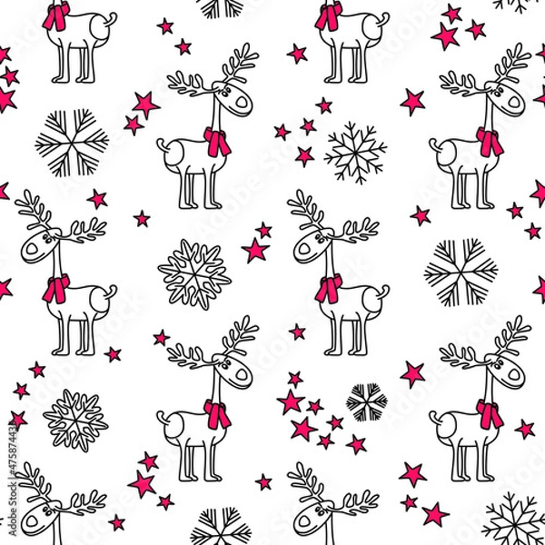 Fototapeta Vector seamless pattern with christmas reindeers. Winter background illustration with snowflakes and deers for holiday textile, tablecloth, napkins and wrapping paper