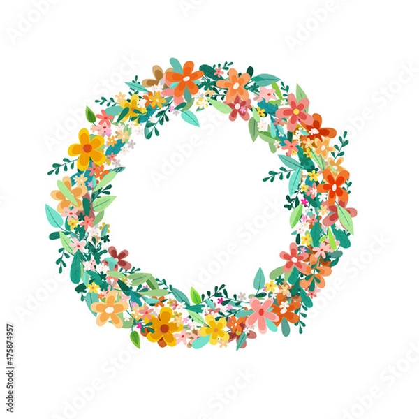 Fototapeta Colorul spring flowers wreath isolated on white backgroun - vector