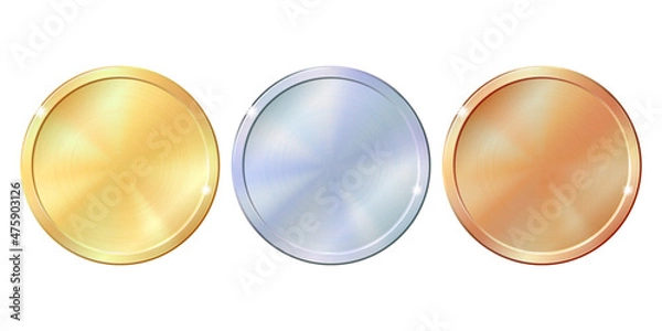 Fototapeta Set of gold, silver and bronze round empty medals.