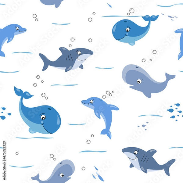 Obraz Childish isolated seamless pattern. Underwater ocean illustration. Scandinavian style. Texture for fabric, wrapping, textile, wallpaper, apparel.Kids textile pattern with cute fish.