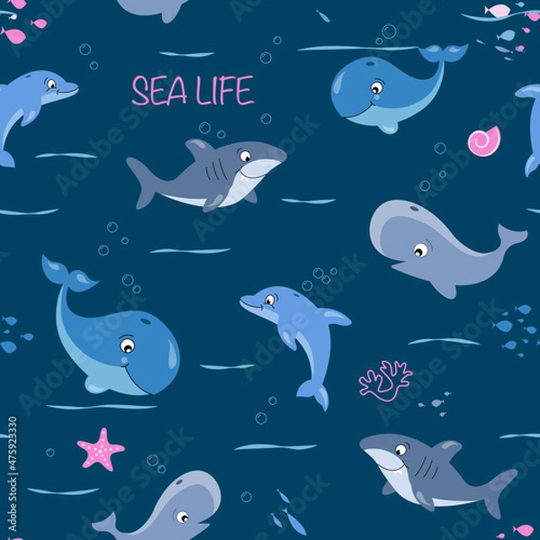 Fototapeta Childish isolated seamless pattern. Underwater ocean illustration. Scandinavian style. Texture for fabric, wrapping, textile, wallpaper, apparel.Kids textile pattern with cute fish.