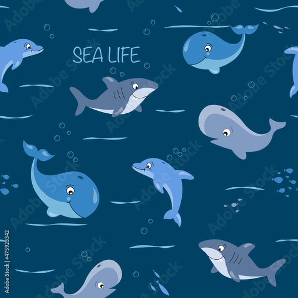 Obraz Childish isolated seamless pattern. Underwater ocean illustration. Scandinavian style. Texture for fabric, wrapping, textile, wallpaper, apparel.Kids textile pattern with cute fish.