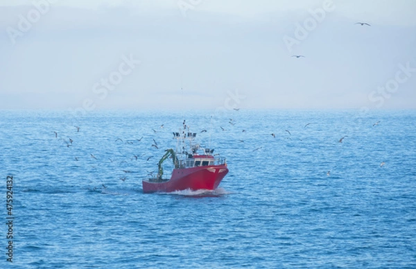 Obraz Fishing boat surrounded by seagulls in the sea, Euskadi