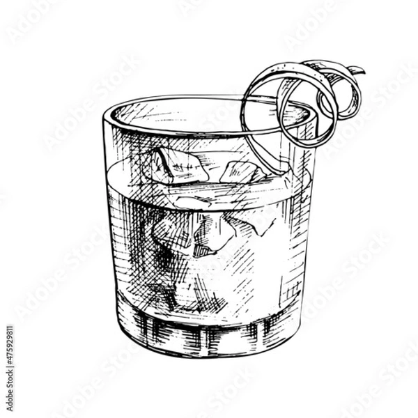 Fototapeta Negroni cocktail with ice cube and twist slice lemon. Vector vintage hatching