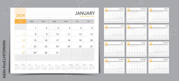 Fototapeta Monthly calendar template for 2024 year. Week Starts on Sunday. Wall calendar 2024 in a minimalist style. Set of 12 months. Desk calendar 2024. Planner. printing template. office organizer. vector