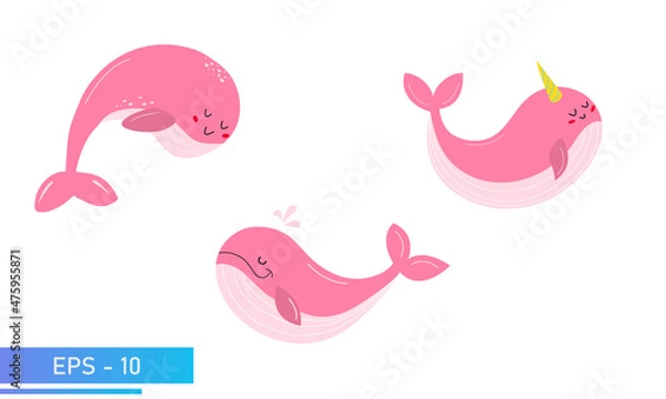 Obraz Set of cute pink whale in delicate pink colors and splashes water. Proud and sweet. Vector illustration.