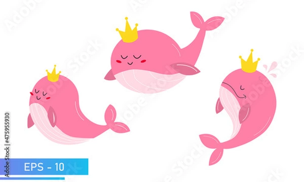 Obraz Set of cute pink whale in delicate pink colors and a golden crown on his head. Proud and sweet. Vector illustration.