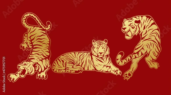 Fototapeta chinese tiger year icon vector illustration design with gold color