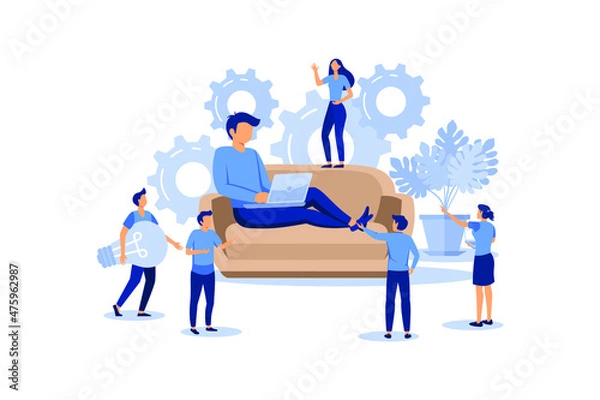Obraz company is engaged in joint construction of column graphs, rise career to success, abstract head of person filled with ideas thoughts and analytics vector flat modern design illustration