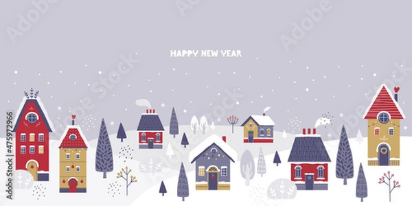 Fototapeta Cozy snowy town on the background of a winter landscape. Cute christmas houses, falling snow, snowdrifts, winter forest. Happy New Year and Merry Christmas. Horizontal banner in Scandinavian style.