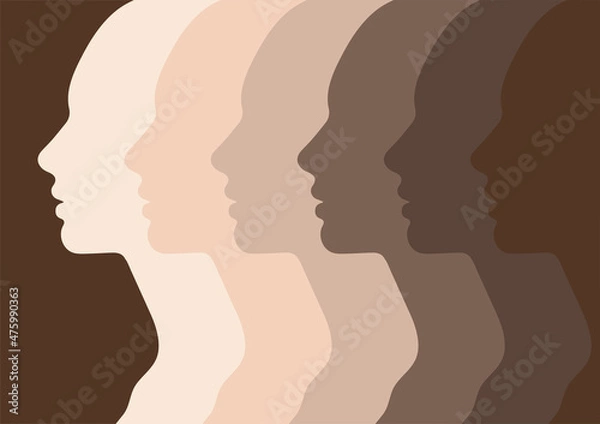 Obraz Female faces, silhouette in profile, skin tone. People with different skin colors, African or European skin. Society or population, social diversity. Vector illustration in flat design isolated