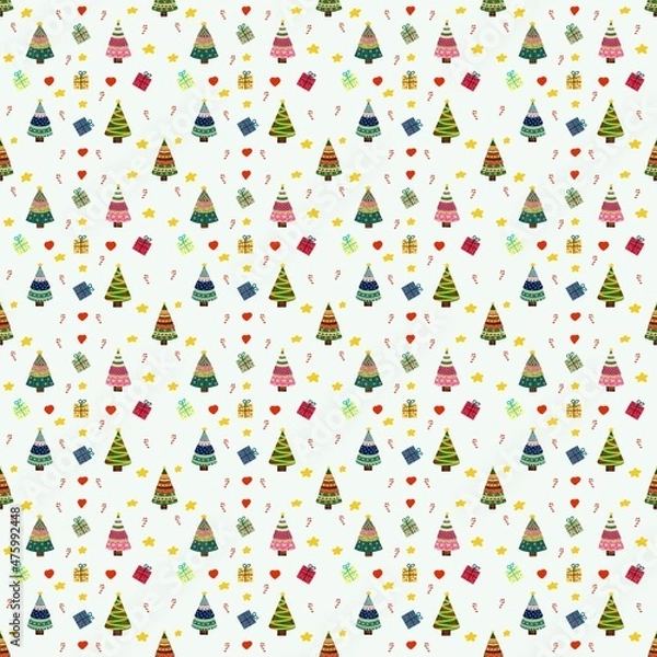 Fototapeta seamless pattern with many Christmas trees on white background 