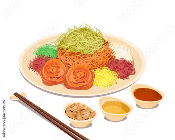 Obraz Yu Sheng, prosperity fish raw and vegetables salad and a variety of sauces and condiments with sauce and bread. Chinese food and chopsticks on a table. Isolated close up Yu Sheng vector illustration 