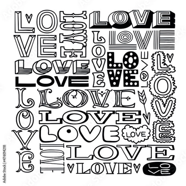 Obraz Hand lettered text in black and white, hand drawn word love. 