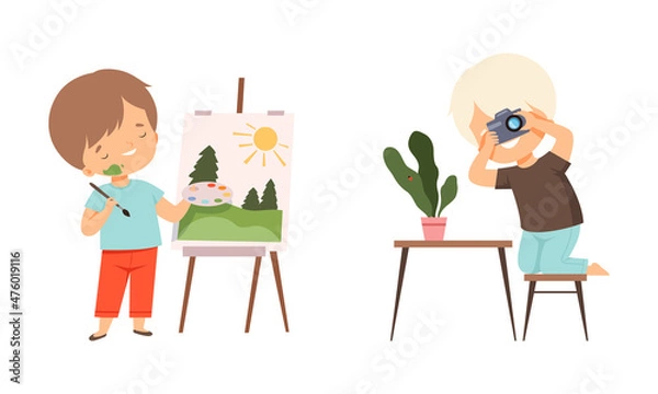 Obraz Little Boy with Paint Brush Drawing Picture on Easel and Taking Photo with Camera Vector Set