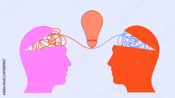 Obraz Great minds think alike, two heads brainstorming a new idea using Neurodiversity. Pink and orange colorful heads collaborating with strategic thinking. Problem-solving to create a lightbulb moment.