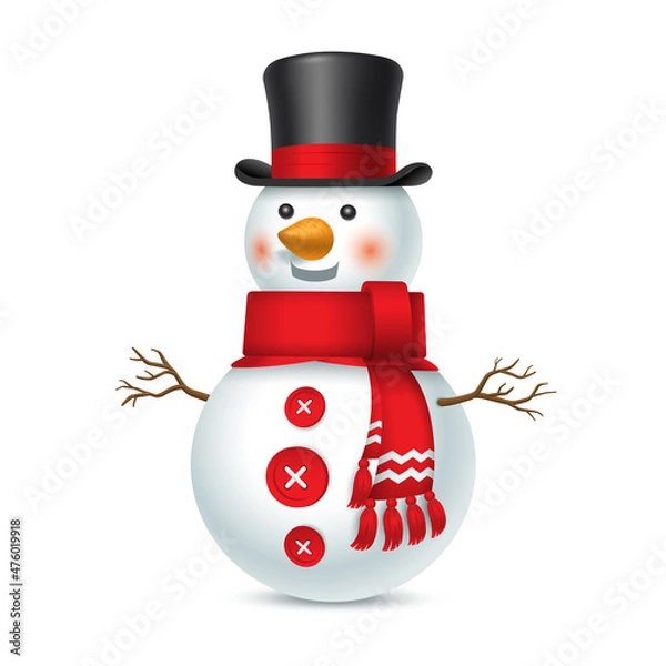 Obraz Smiling Christmas snowman with top hat and red scarf isolated on white background. Vector illustration