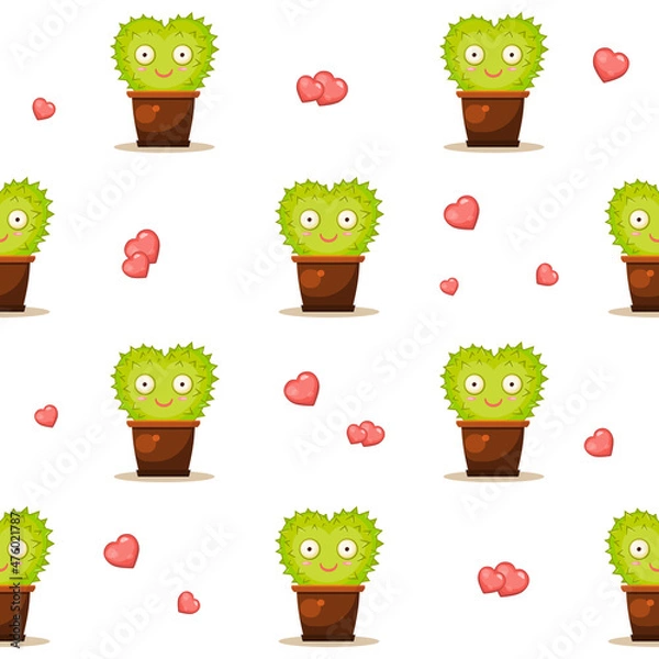 Fototapeta Seamless vector pattern with hearts and cute heart shaped cactus in a pot which is smiling and goggling with wide opened eyes. Background about love with rows of nice cartoon prickled cacti.