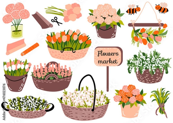 Obraz Set with buckets, baskets with different spring flowers: roses, tulips and other, wrapping paper. Wooden board with text Flowers market. Cute bees. Vector illustration