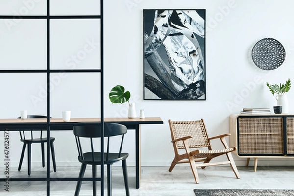Fototapeta Stylish scandinavian living room interior of modern apartment with wooden commode, design table, chairs, carpet, abstract paintings on the wall and personal accessories in unique home decor. Template.