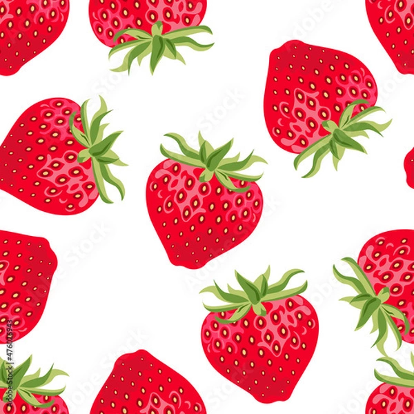 Fototapeta Strawberry background. Vector seamless pattern with fresh red berries on white. Cartoon flat illustration of fruit.