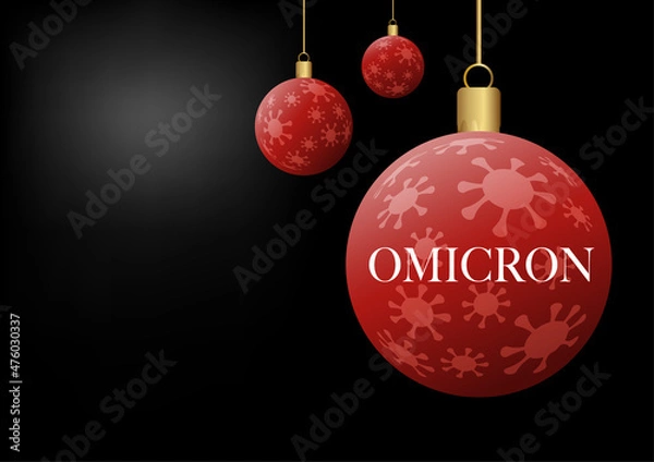 Fototapeta Concepts of Christmas balls and covid-19 omicron variant or B.1.1.529 pandemic on black background.