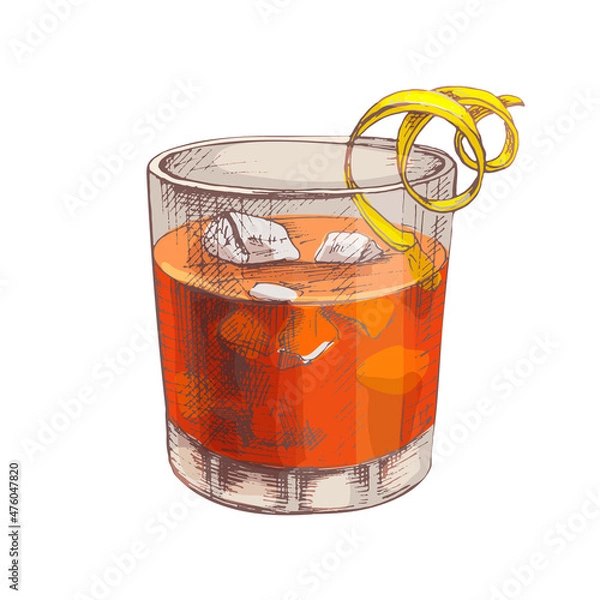 Obraz Negroni cocktail with ice cube and twist slice lemon. Vector vintage hatching