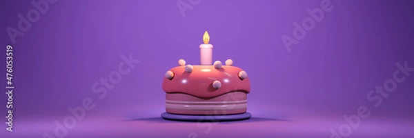 Fototapeta 3D Rendering of birthday cake with candle in dark pastel theme concept of birthday party banner. 3D Render illustration.