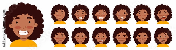 Fototapeta A set of female emotions. The expression on his face. An African-American girl is an Avatar . Vector illustration of a flat drawing on a white isolated background.