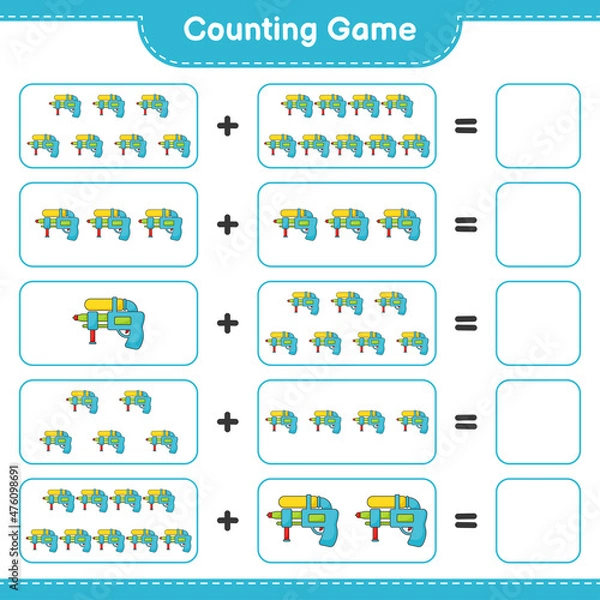 Fototapeta Count and match, count the number of Water Gun and match with the right numbers. Educational children game, printable worksheet, vector illustration