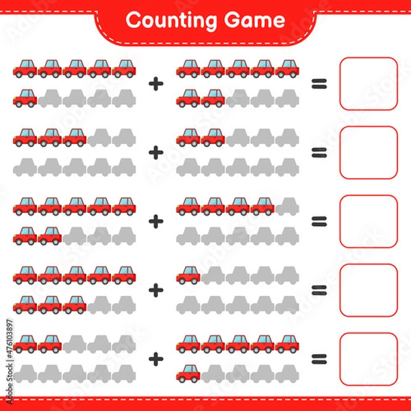 Fototapeta Count and match, count the number of Car and match with the right numbers. Educational children game, printable worksheet, vector illustration