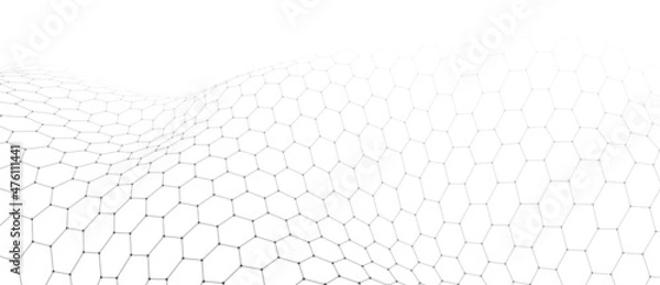 Fototapeta Abstract background of points and lines. Hexagon cyber structure. Big data stream. Vector illustration
