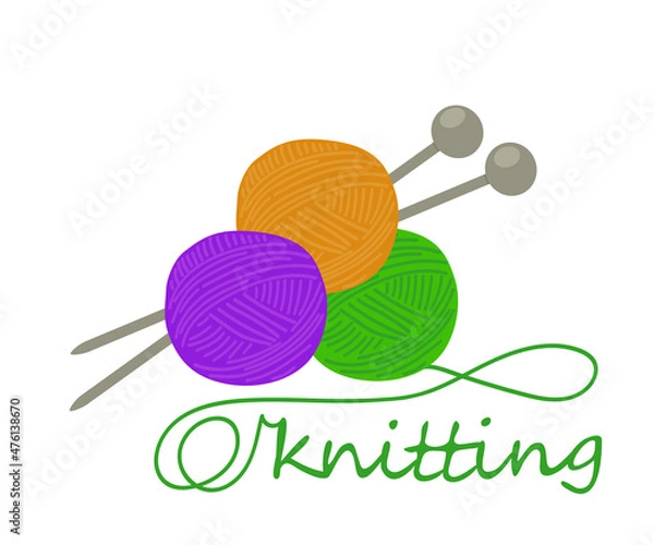 Obraz Balls of colored yarn with needles and lettering "knitting" isolated on white background. Vector illustration.