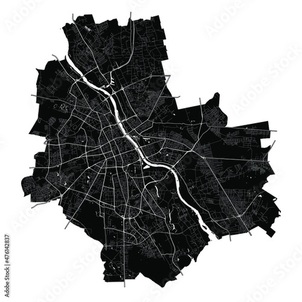 Fototapeta Warsaw, Poland, Black and White high resolution vector map