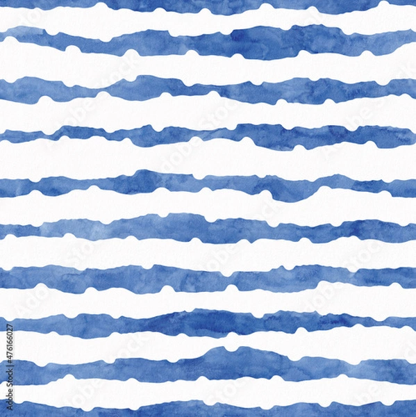 Fototapeta Watercolor painting striped seamless pattern. Blue colored geometric background. Wavy lines on textured paper. Template for textile, wallpaper, carpet, ceramics.