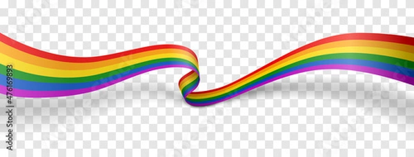 Fototapeta Waving ribbon of LGBT pride isolated on transparent background. LGBTQ colors flag. Love, freedom, support and rights realistic vector illustration.