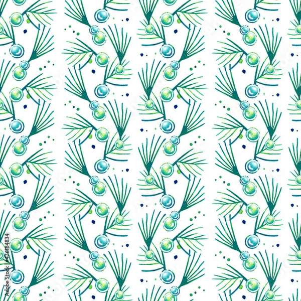 Obraz Seamless texture Background watercolor paper green nature grass greenery plants foliage Christmas tree holiday new year christmas spruce Christmas wreath with made of fir branches drawing