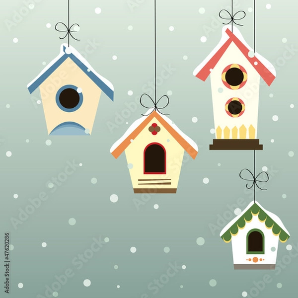 Fototapeta Abstract bird house set with winter background