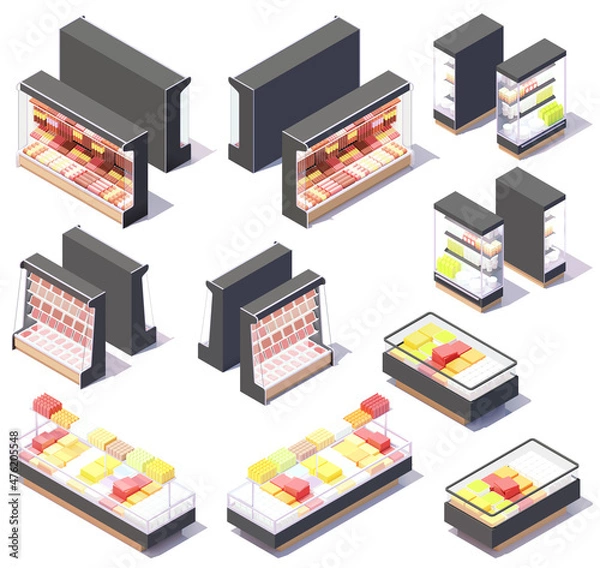 Fototapeta Vector isometric supermarket or meat department store showcase display fridges, refrigerator and shelves for meat, sausages, salami, dairy, convenience food and other products